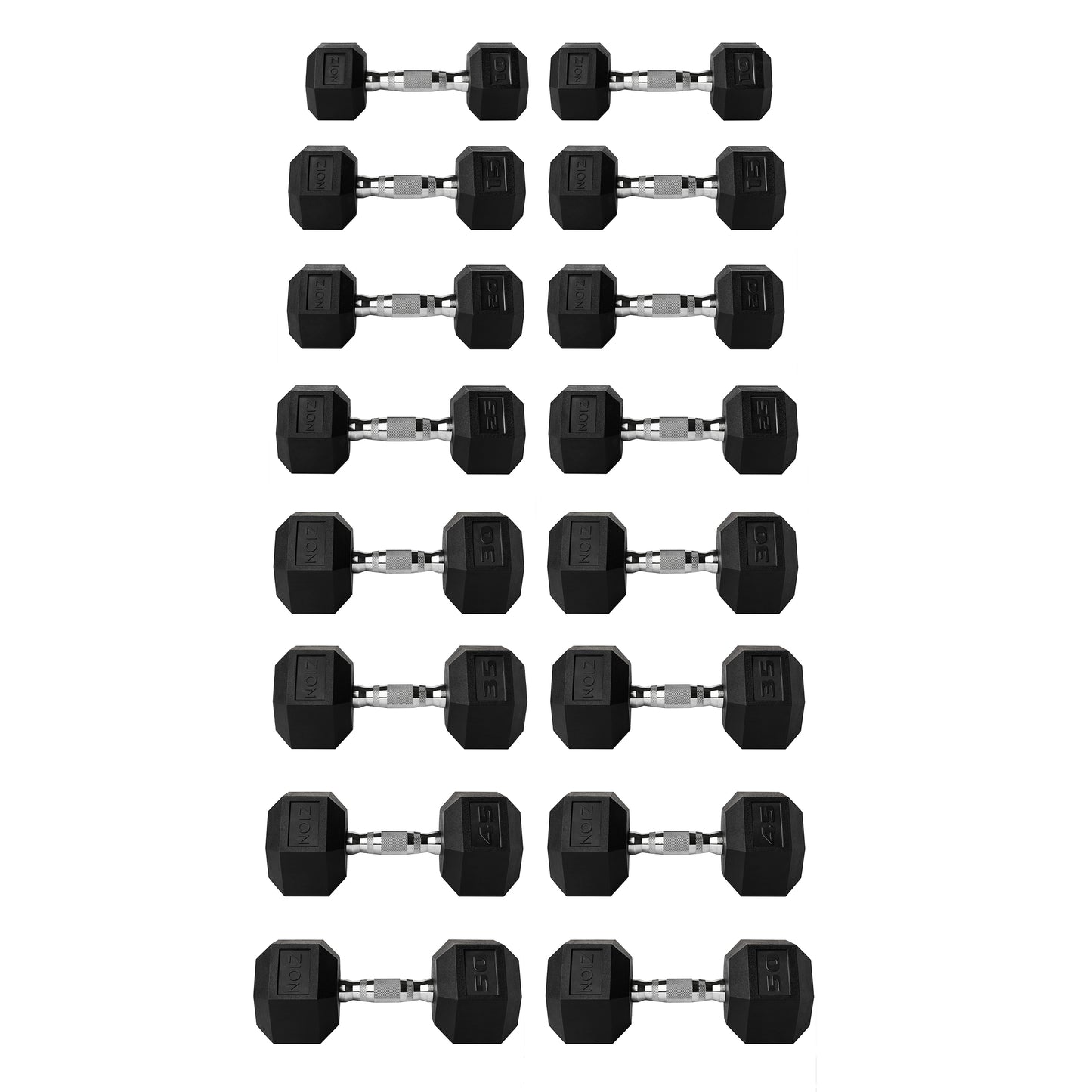 The Zeus 10-50 LB Rubber Hexagon Dumbbell Set